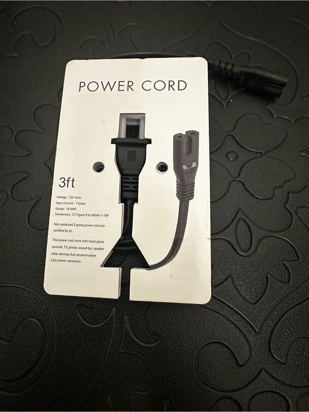 3ft Black Power Cord - Non-Polarized 2-Prong